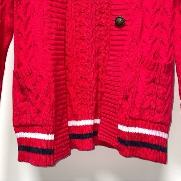 Vintage Twisted Cable Knit Sweater Long Cardigan Red Crest Rampant Lion Buttons - Picture 4 of 11